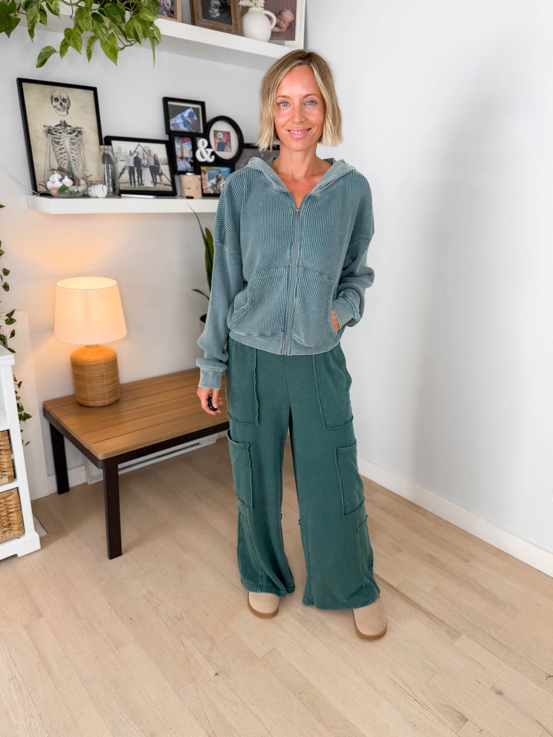 Tatum Washed Waffle Full Zip- DARK TEAL