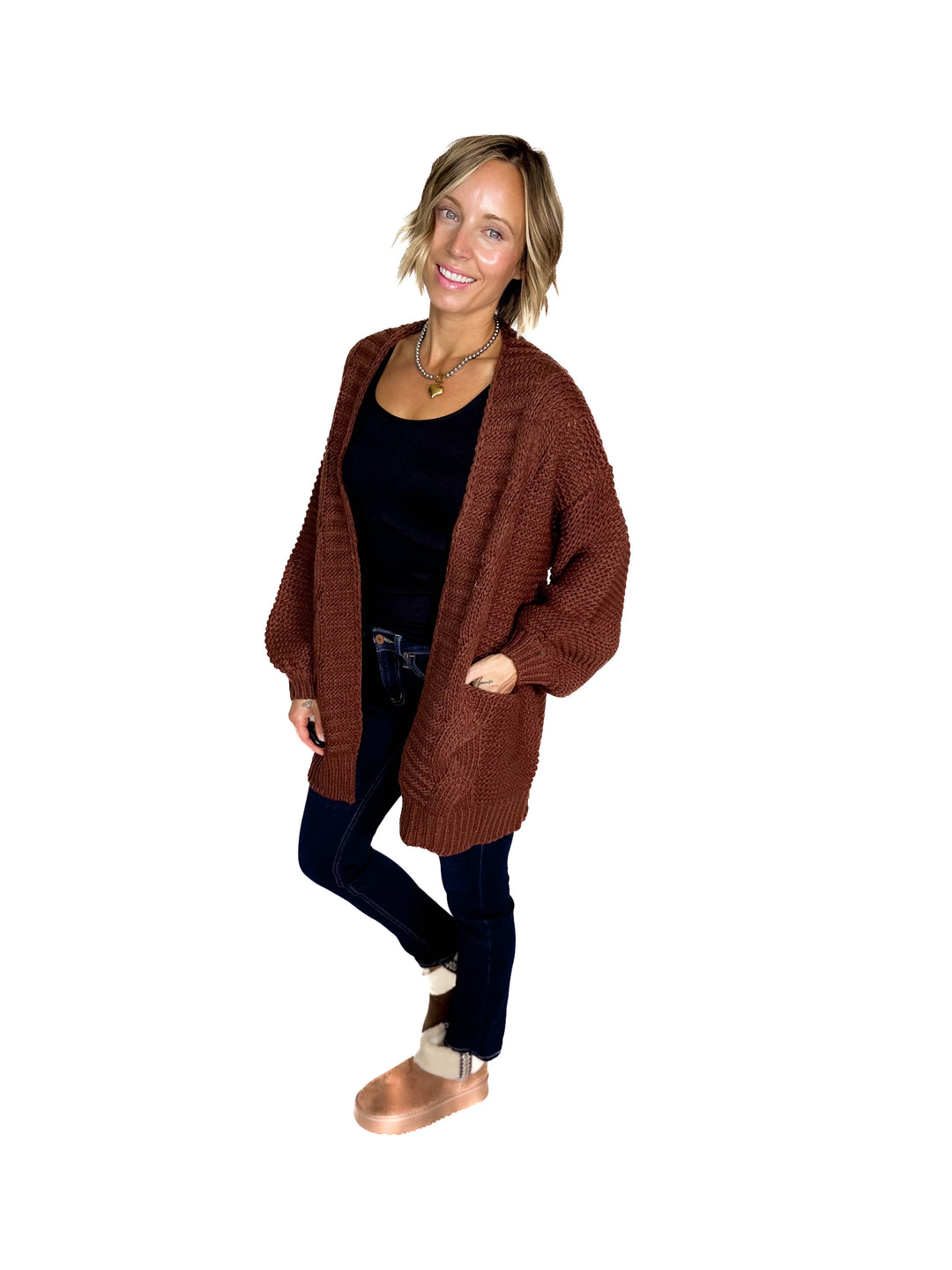 Velora Chunky Cable Knit  Cardigan- CHOCOLATE