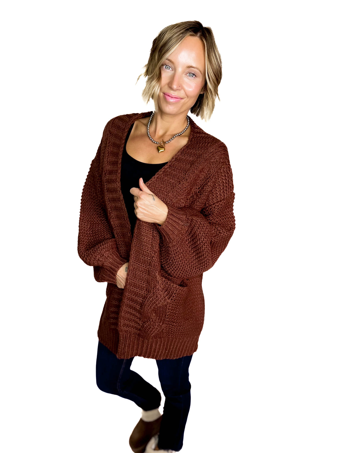 Velora Chunky Cable Knit  Cardigan- CHOCOLATE