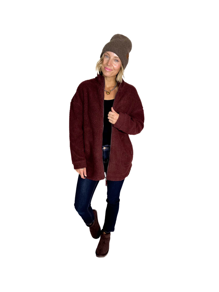 Tara Full Zip Berber Jacket- CHOCOLATE