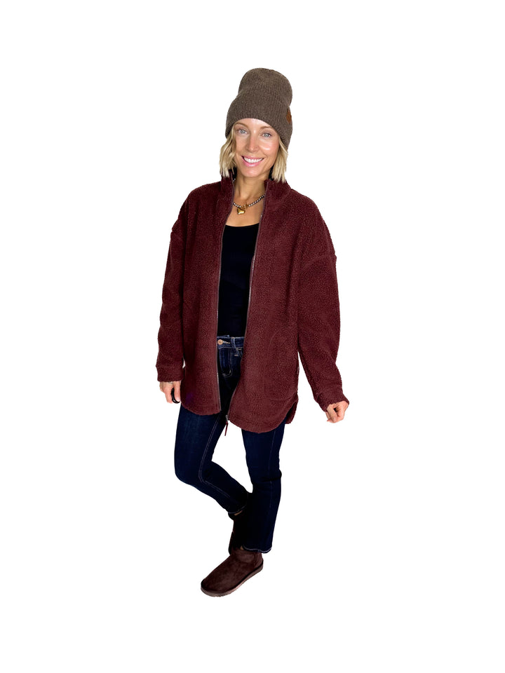 Tara Full Zip Berber Jacket- CHOCOLATE