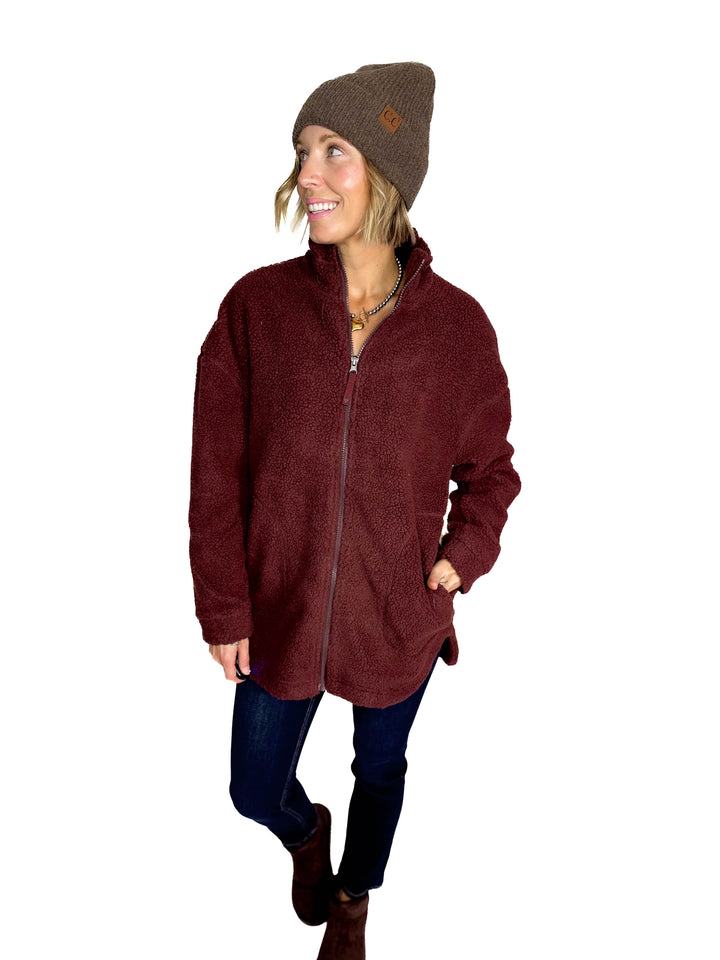 Tara Full Zip Berber Jacket- CHOCOLATE