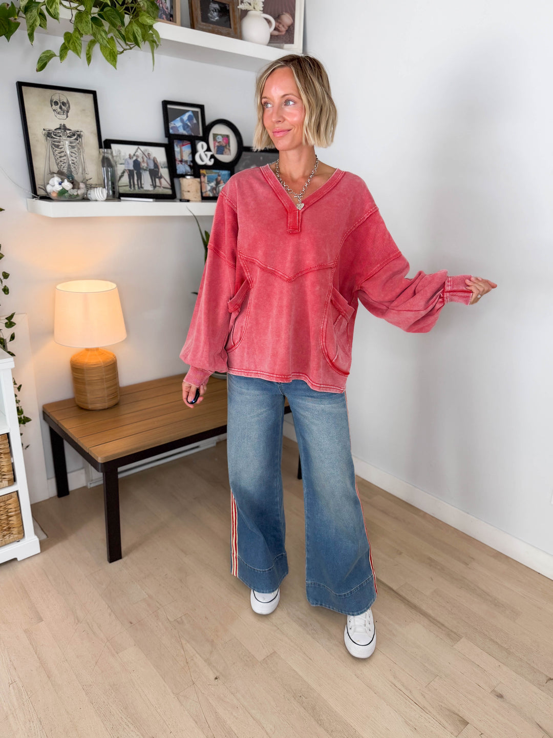 October Washed V-neck Pullover- BOHO RED