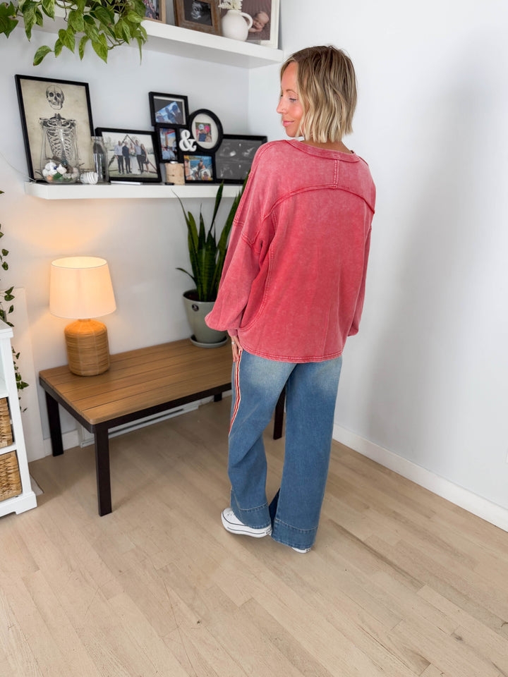 October Washed V-neck Pullover- BOHO RED