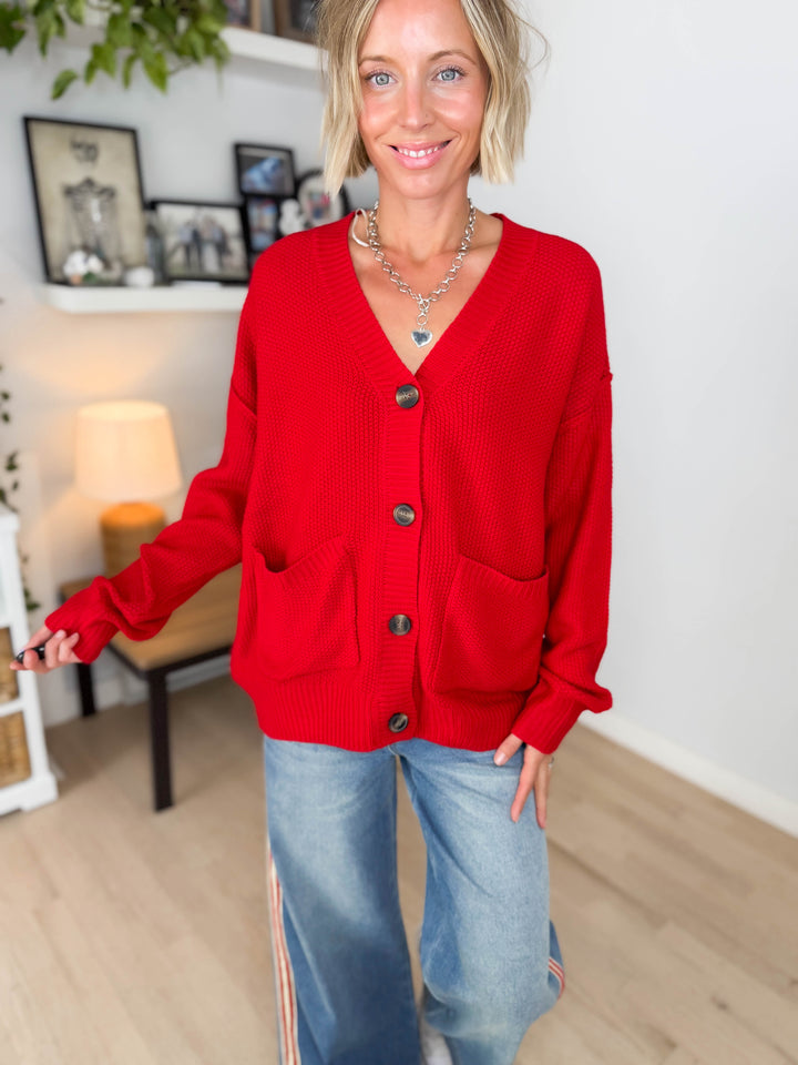 Annabeth Button Down Cardigan- RED
