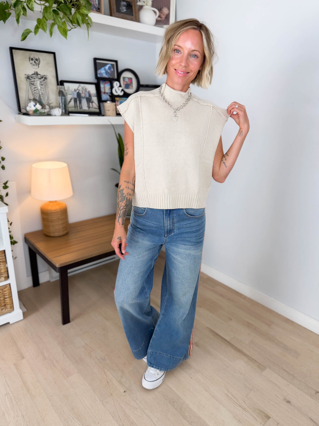 Maben Exposed Seam Mock Neck Sweater Top- OATMEAL