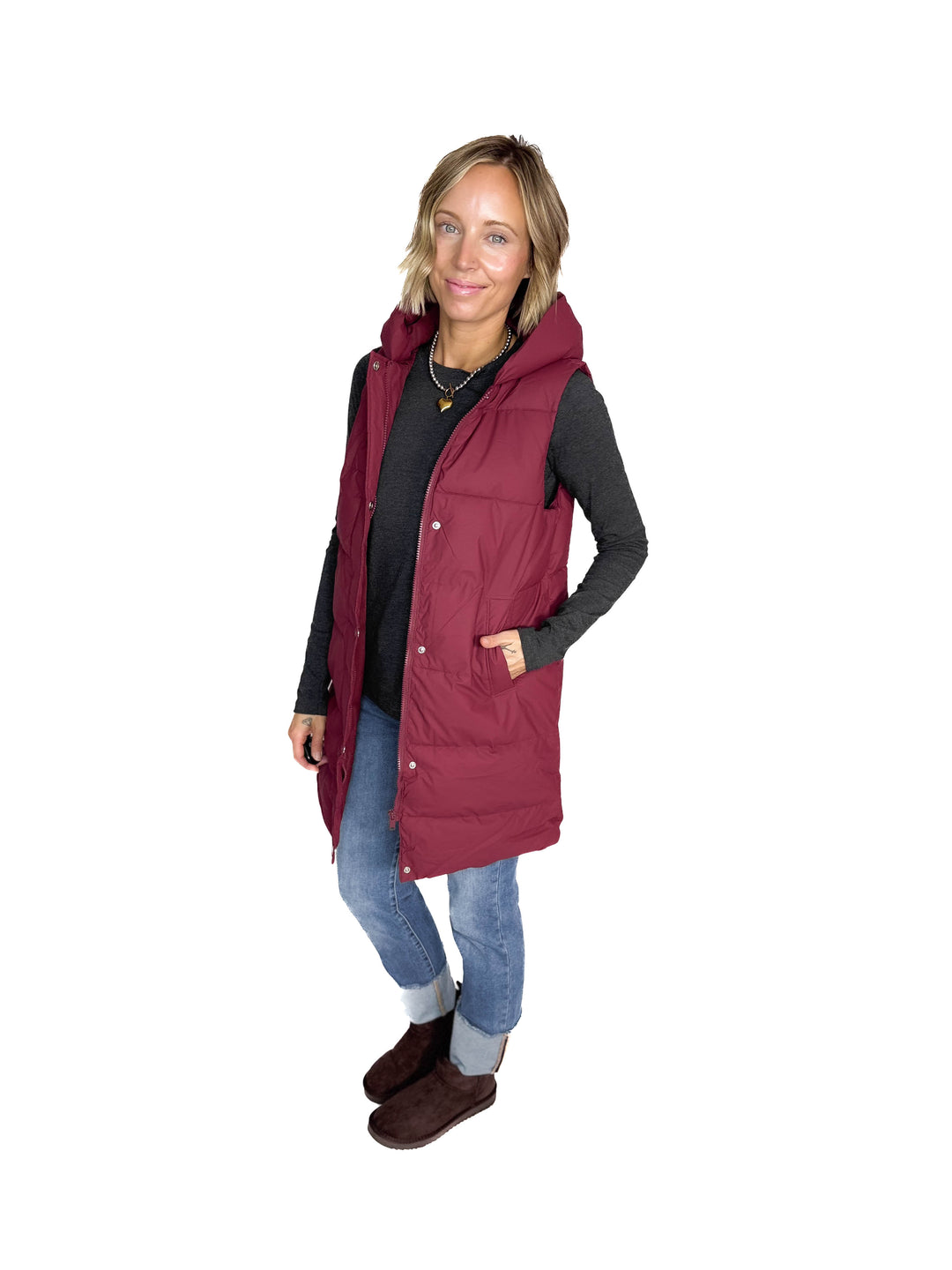 Sierra Mist Coated Longline Vest- BURGUNDY