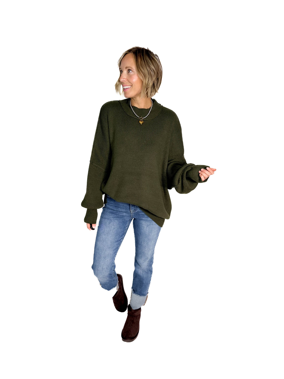 Frosted Pines Oversized Side Slit Sweater- DARK OLIVE