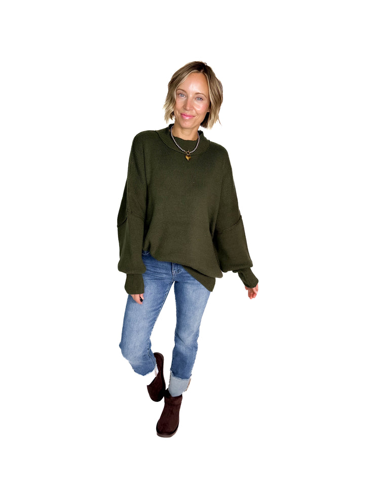 Frosted Pines Oversized Side Slit Sweater- DARK OLIVE
