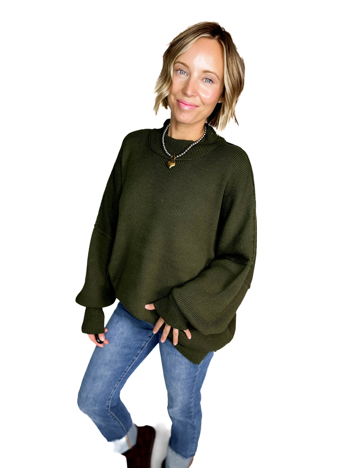 Frosted Pines Oversized Side Slit Sweater- DARK OLIVE