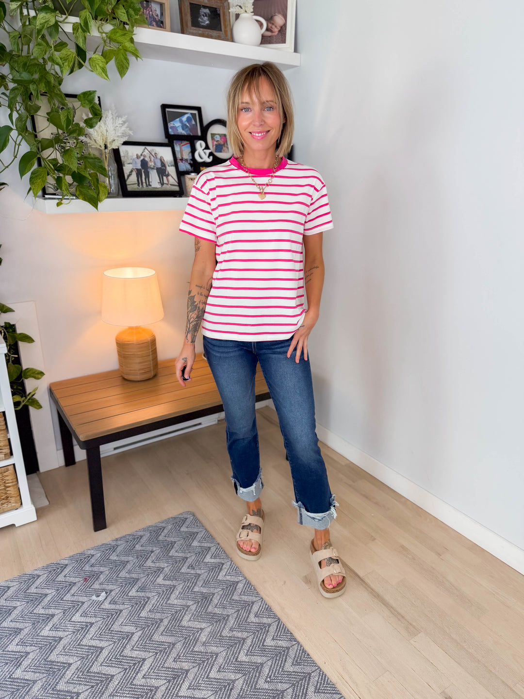 Marlene Striped Cotton T-Shirt- HOT PINK