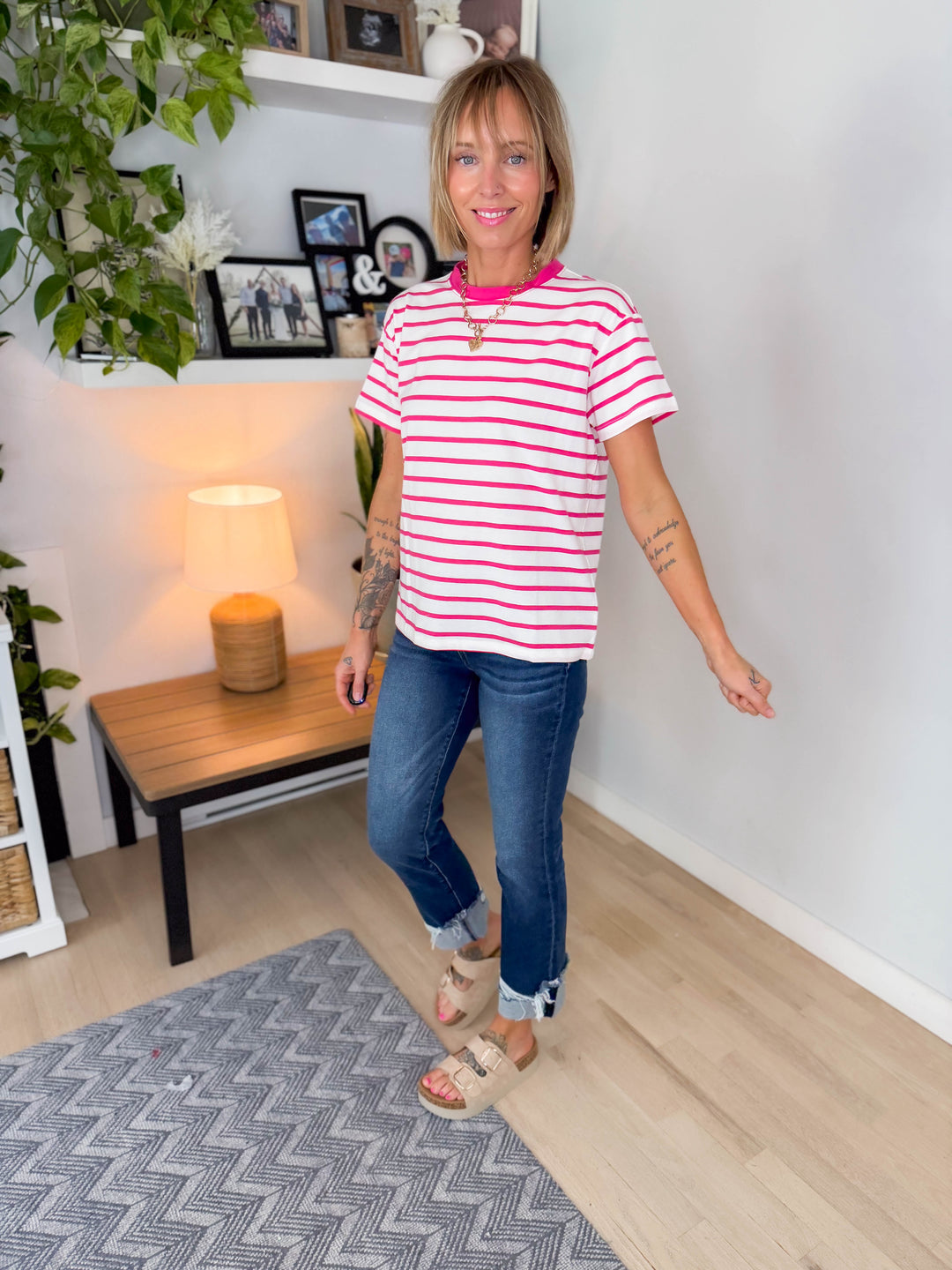 Marlene Striped Cotton T-Shirt- HOT PINK