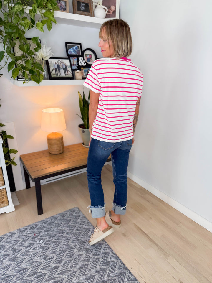 Marlene Striped Cotton T-Shirt- HOT PINK