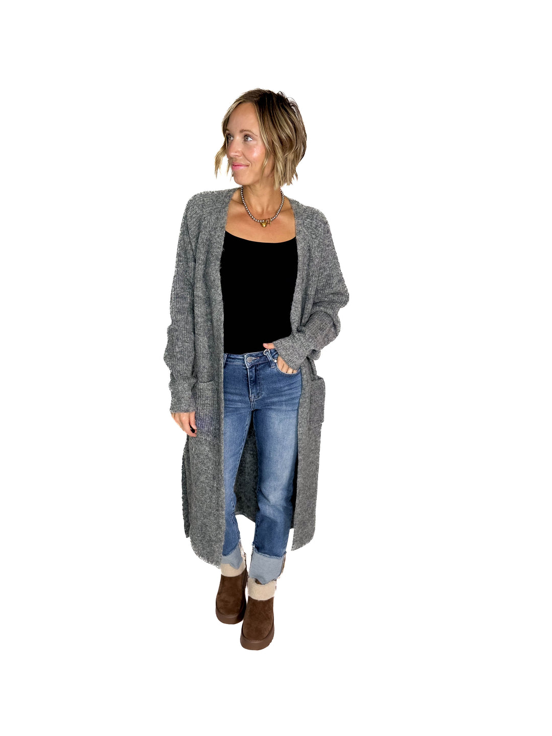Alisa Longline Open Front Cardigan- CHARCOAL
