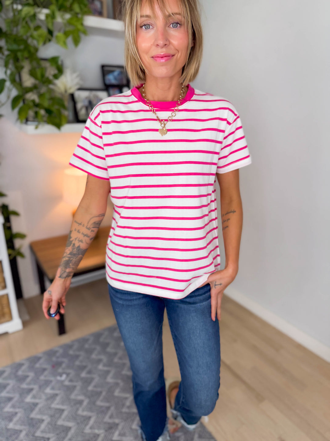 Marlene Striped Cotton T-Shirt- HOT PINK