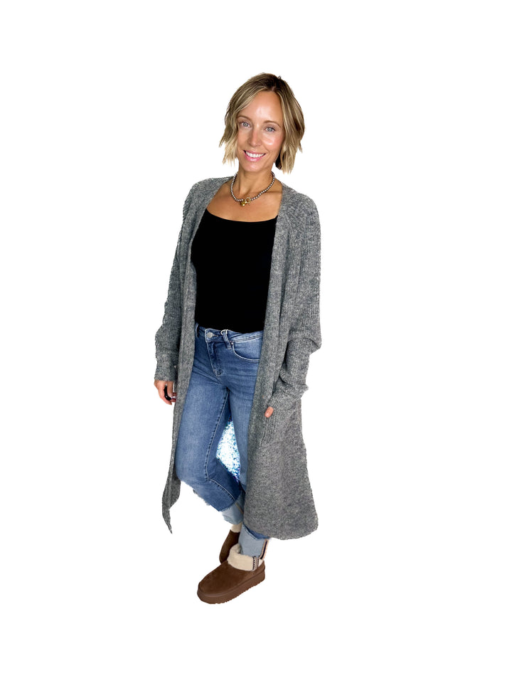 Alisa Longline Open Front Cardigan- CHARCOAL