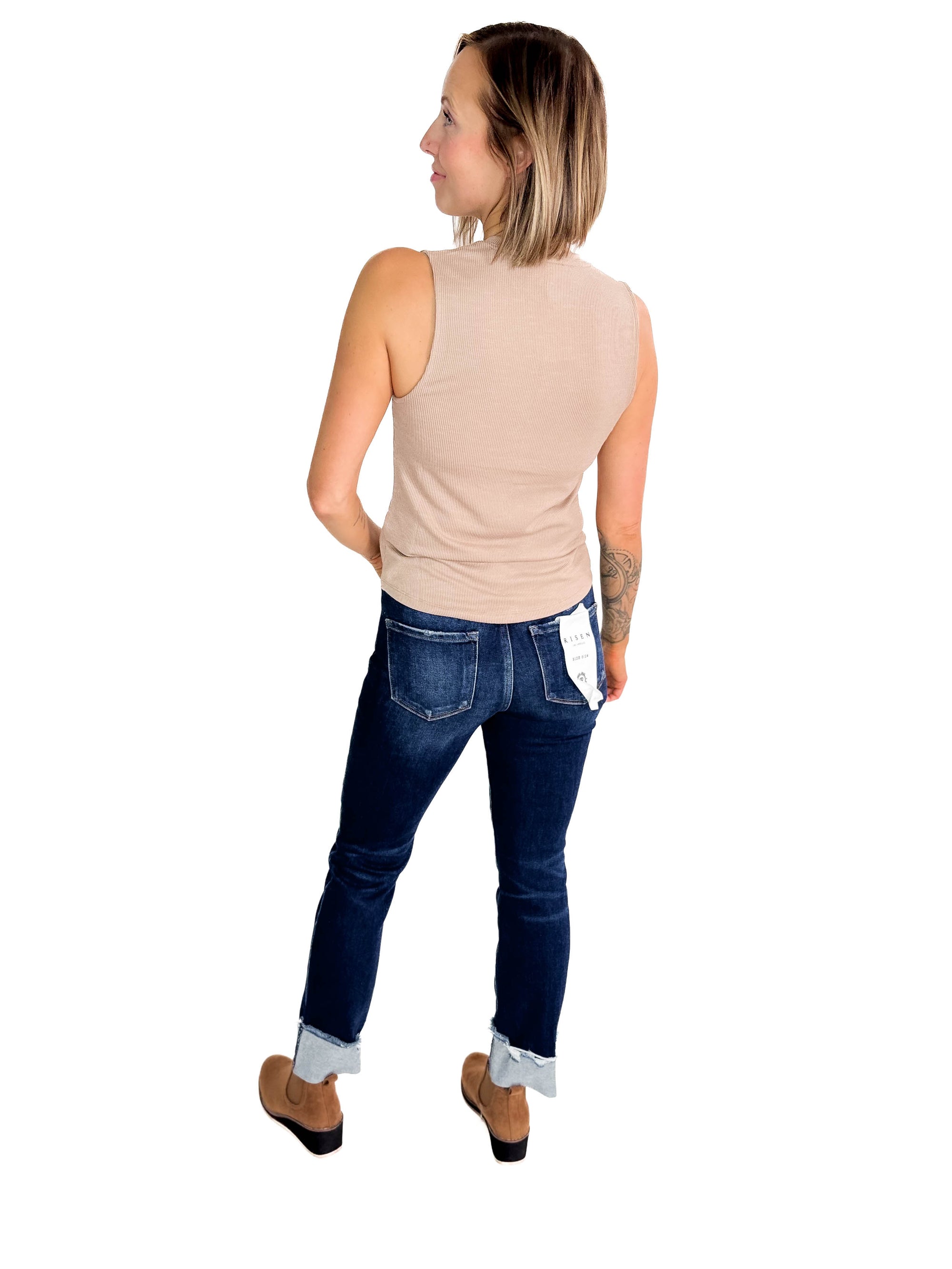 Aro Ribbed Button Tank- DARK TAUPE