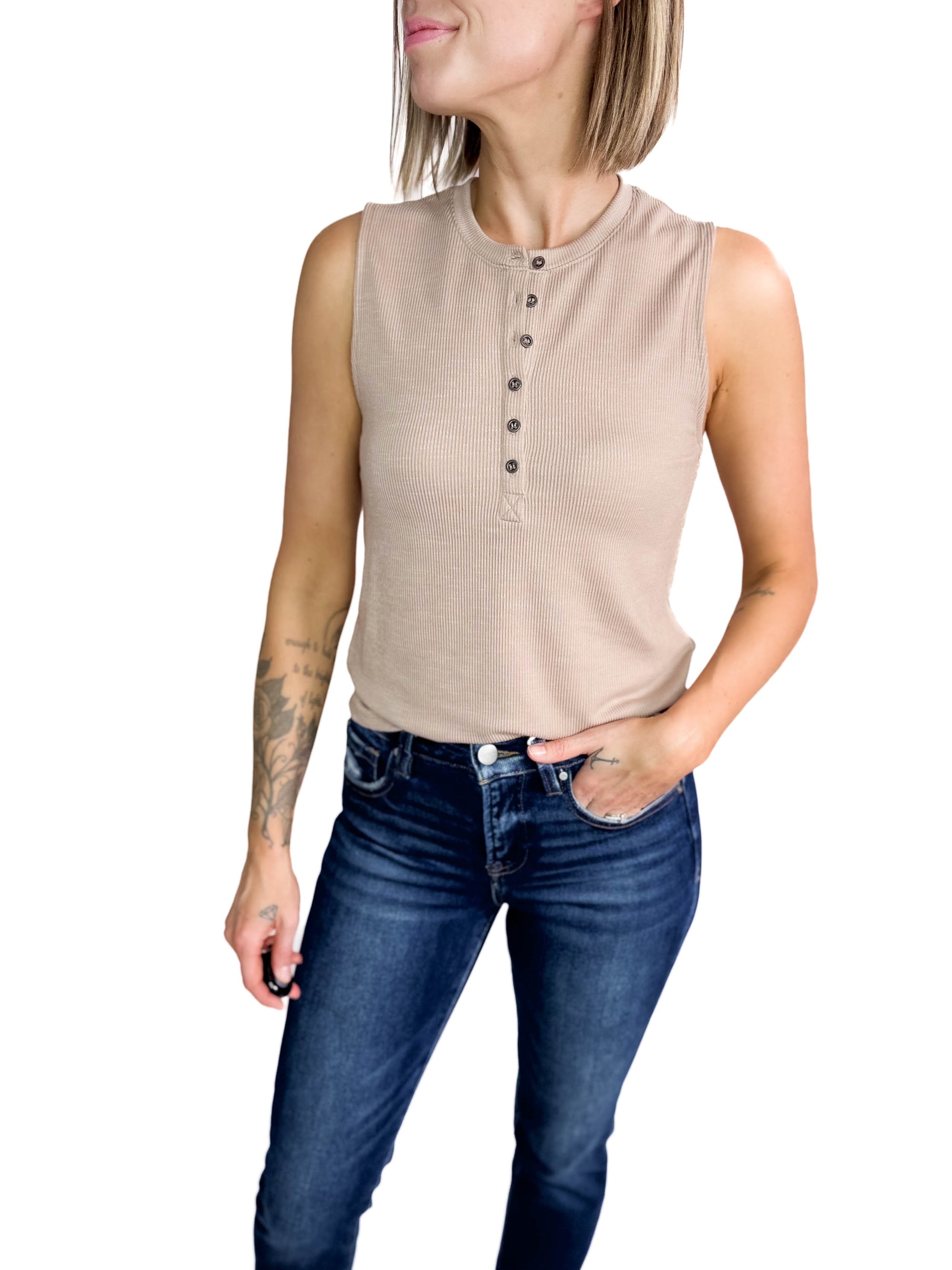Aro Ribbed Button Tank- DARK TAUPE