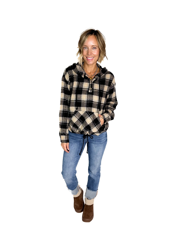 Briar Lightweight Flannel Plaid Pullover Hoodie- BLACK/COMBO