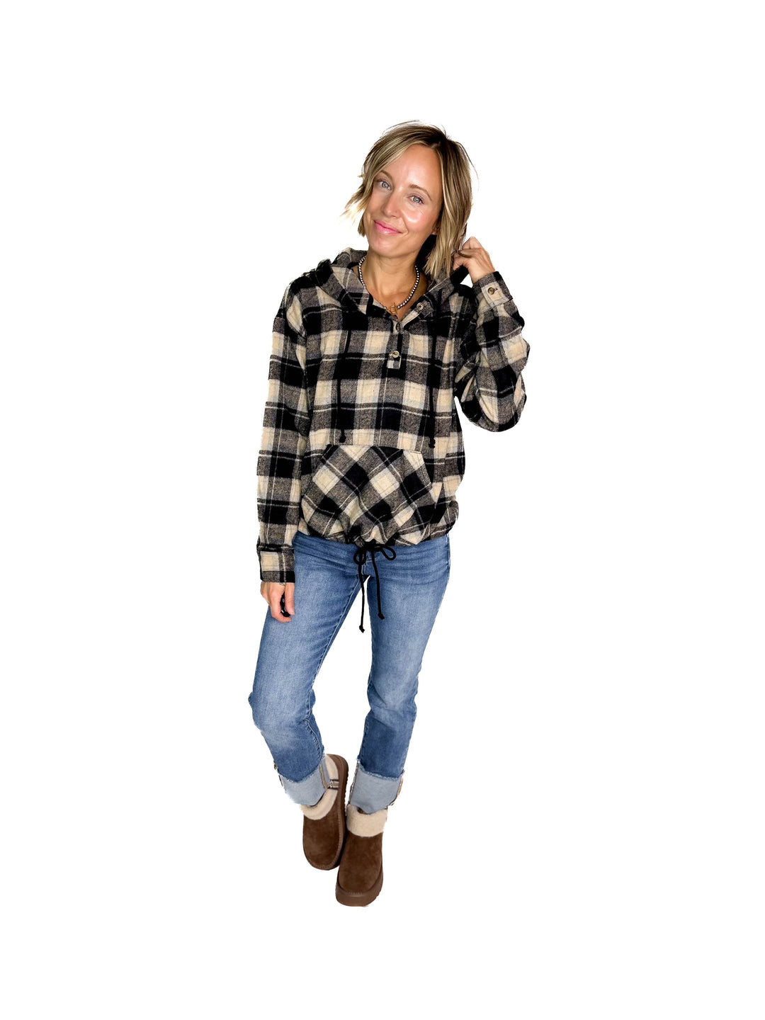 Briar Lightweight Flannel Plaid Pullover Hoodie- BLACK/COMBO