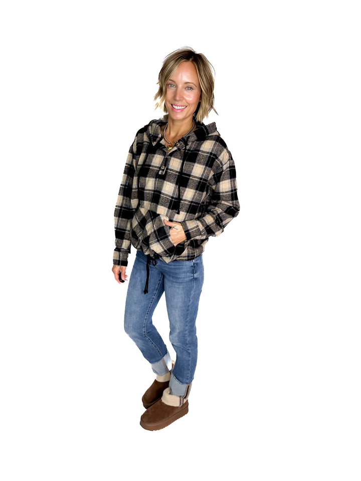 Briar Lightweight Flannel Plaid Pullover Hoodie- BLACK/COMBO