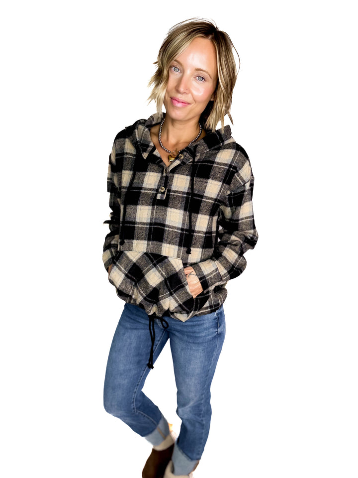Briar Lightweight Flannel Plaid Pullover Hoodie- BLACK/COMBO