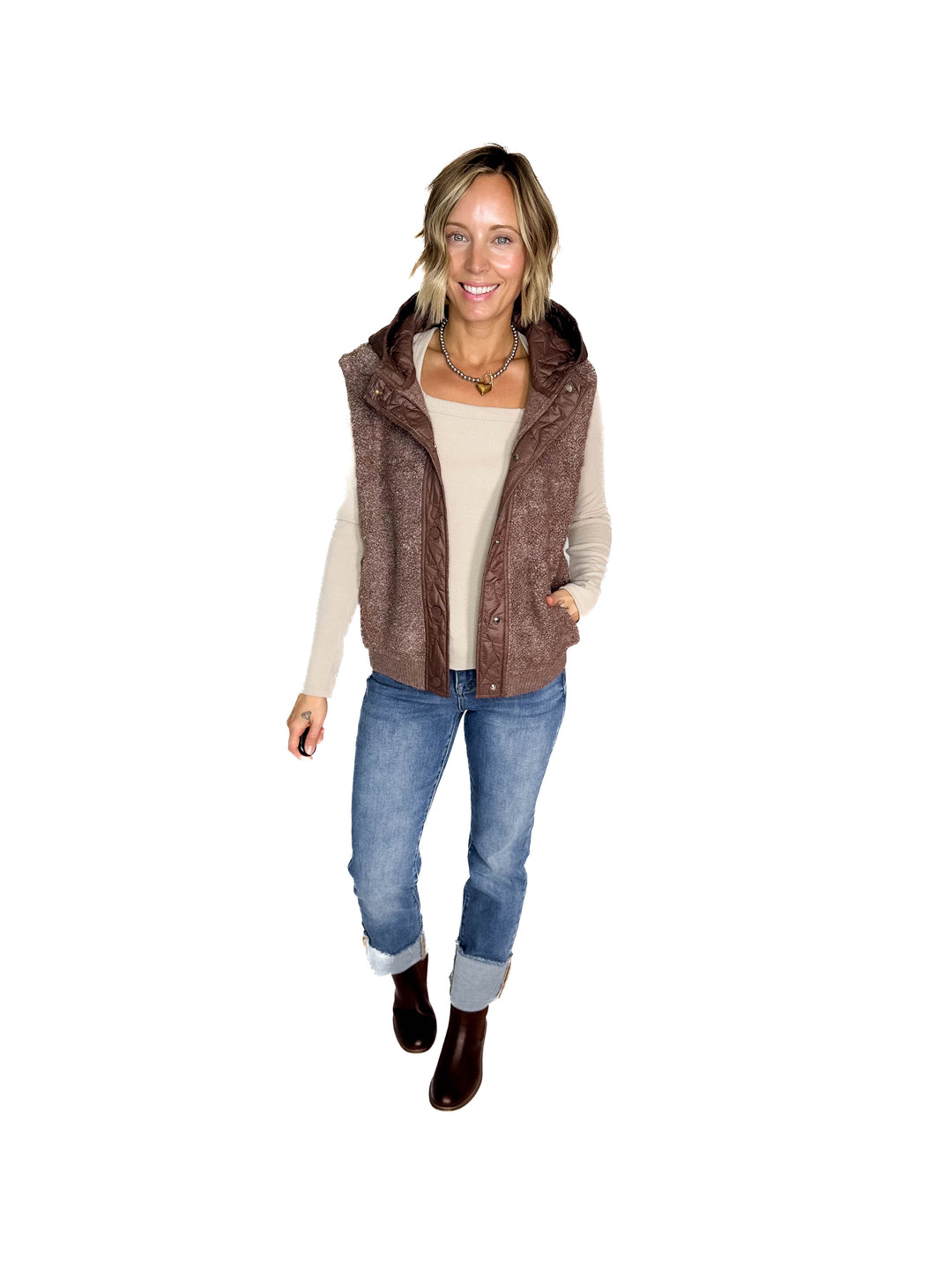 Clouden Button Down Sherpa Fleece Quilted Hooded Vest- MOCHA