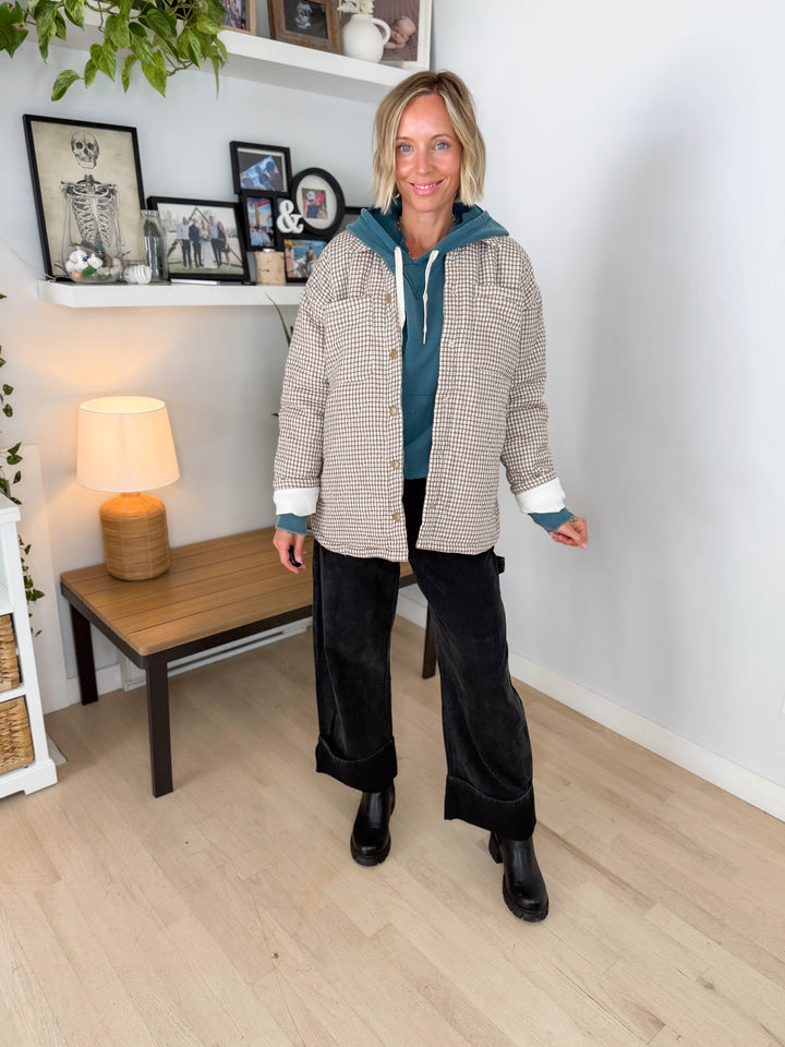 Cozywood Checker Print Puffer Shacket- NEUTRAL