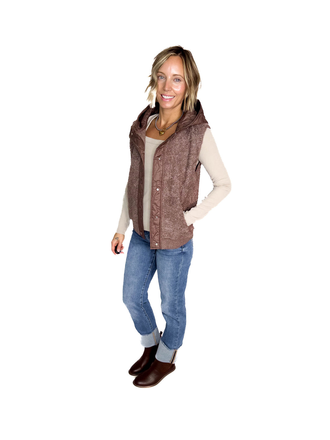 Clouden Button Down Sherpa Fleece Quilted Hooded Vest- MOCHA