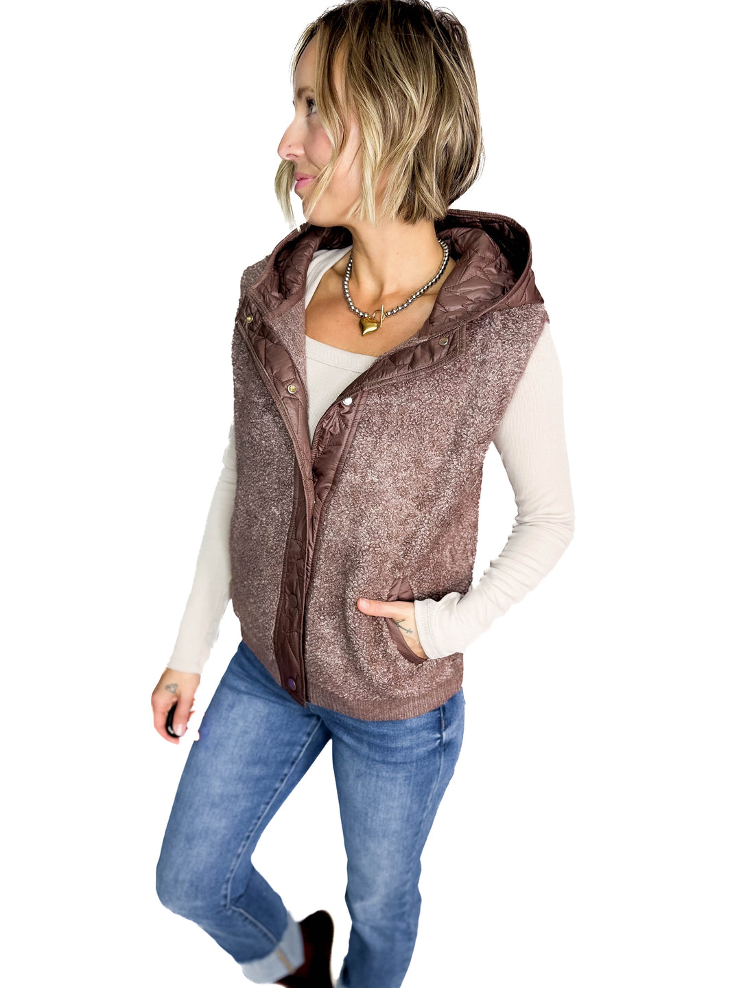 Clouden Button Down Sherpa Fleece Quilted Hooded Vest- MOCHA