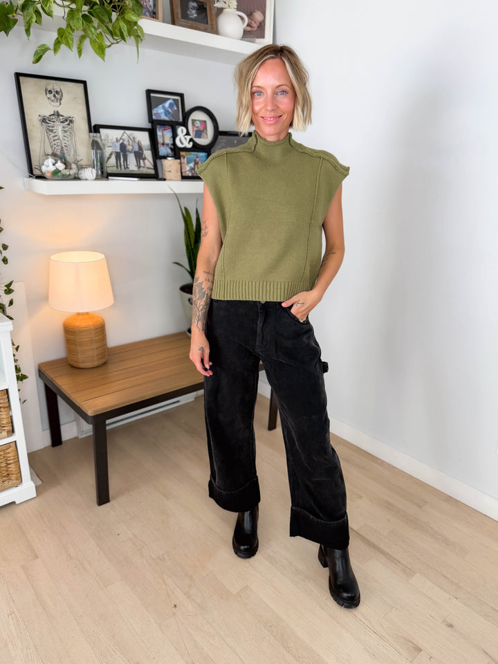 Maben Exposed Seam Mock Neck Sweater Top- DRY HERB
