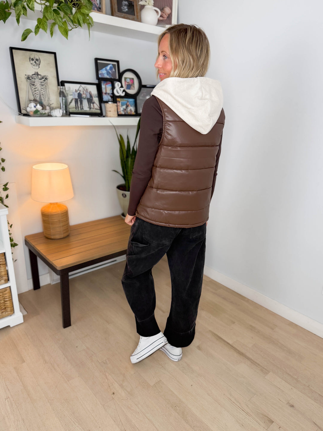 Pumpkin Patch Faux Leather Hoodie Vest- CHESTNUT