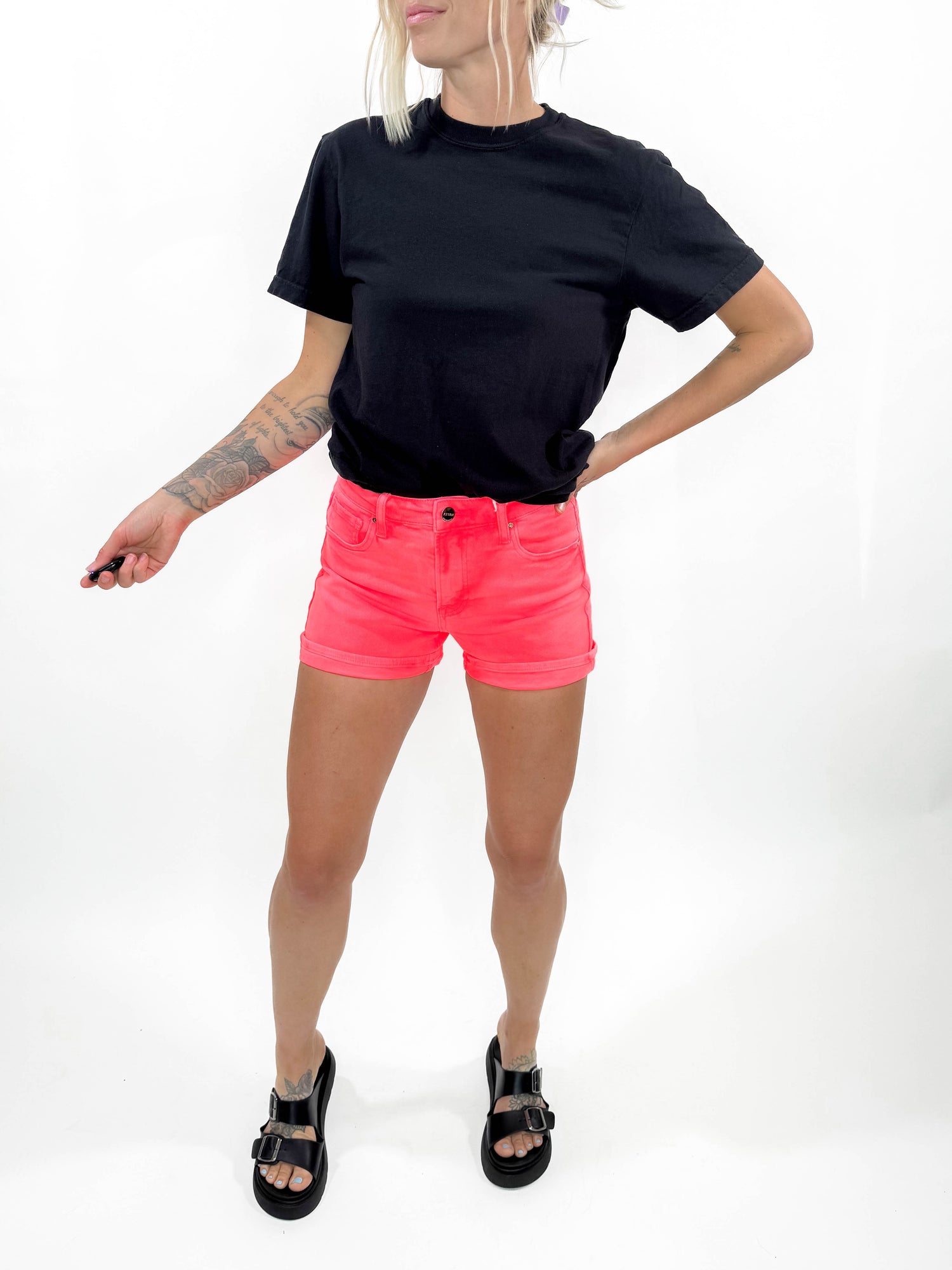 RISEN Malibu High Rise Cuffed Shorts- NEON CORAL - Timber + Gray