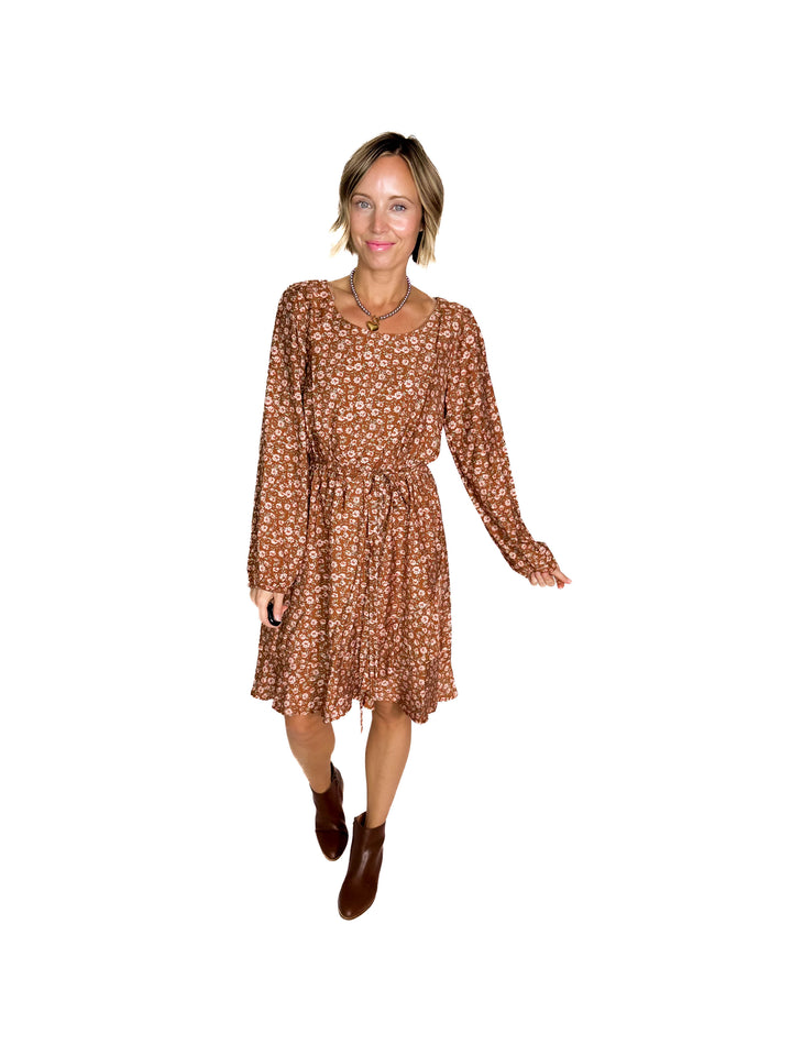Solara Round Neck Long Sleeve Waist Tie Midi Dress- MOCHA
