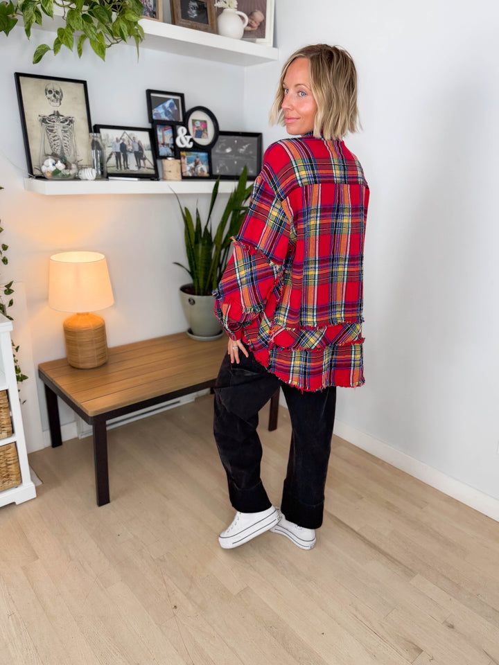 Wildwood Raw Edge Oversized Plaid Shacket- BOHO RED