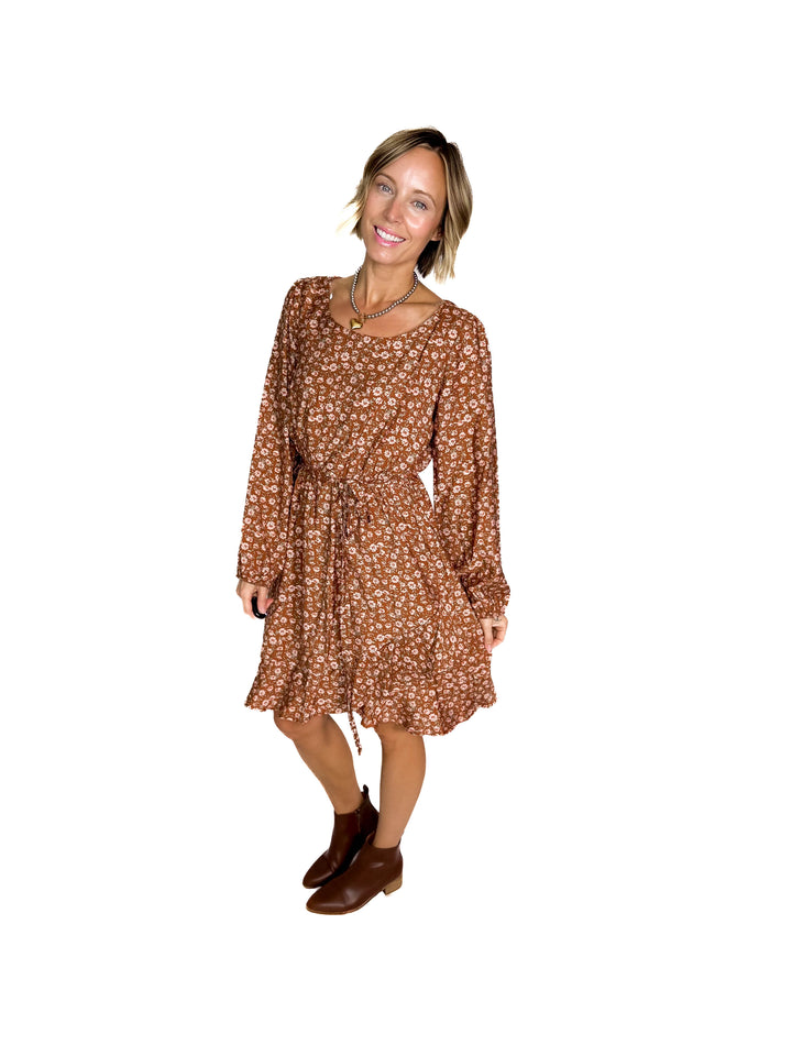 Solara Round Neck Long Sleeve Waist Tie Midi Dress- MOCHA