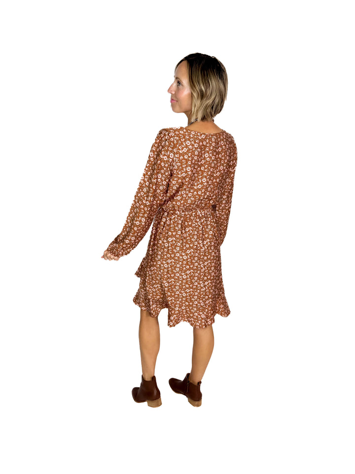 Solara Round Neck Long Sleeve Waist Tie Midi Dress- MOCHA