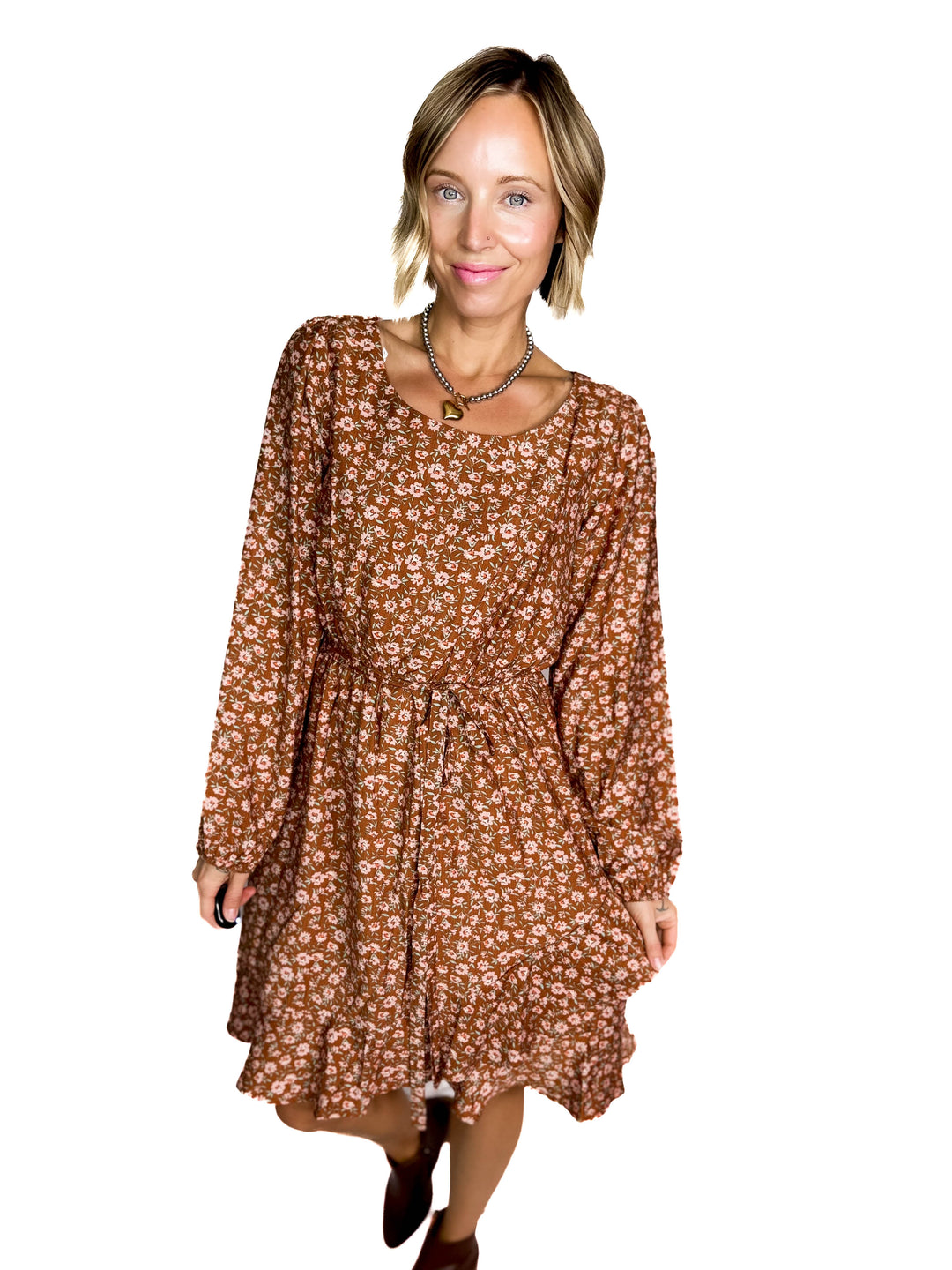 Solara Round Neck Long Sleeve Waist Tie Midi Dress- MOCHA