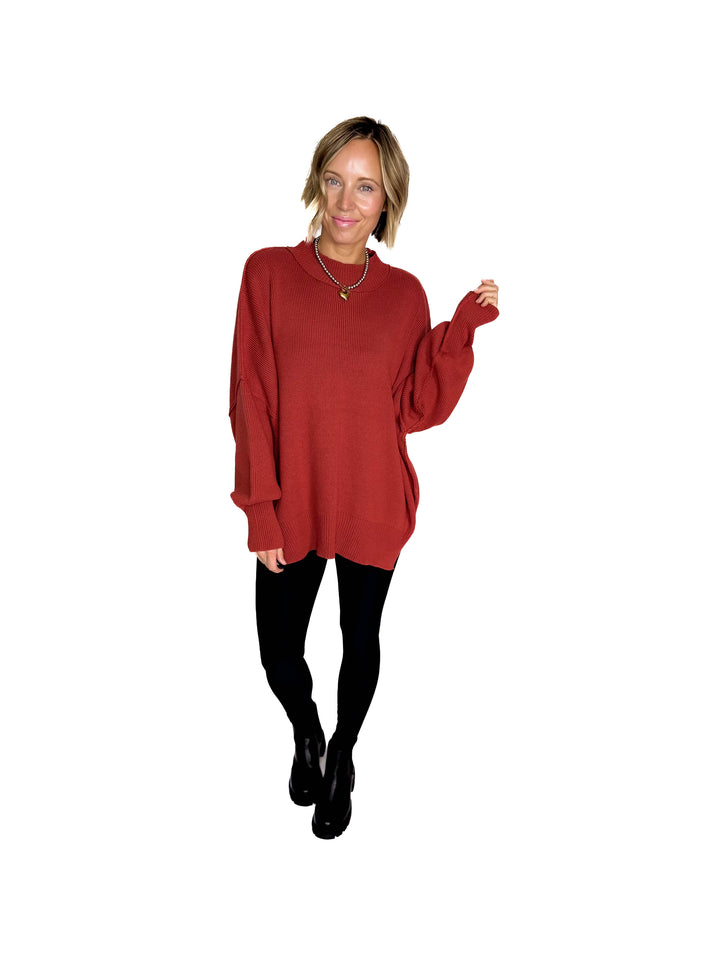 Frosted Pines Oversized Side Slit Sweater- RUST