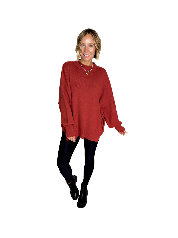 Frosted Pines Oversized Side Slit Sweater- RUST