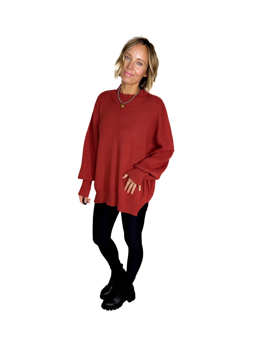 Frosted Pines Oversized Side Slit Sweater- RUST