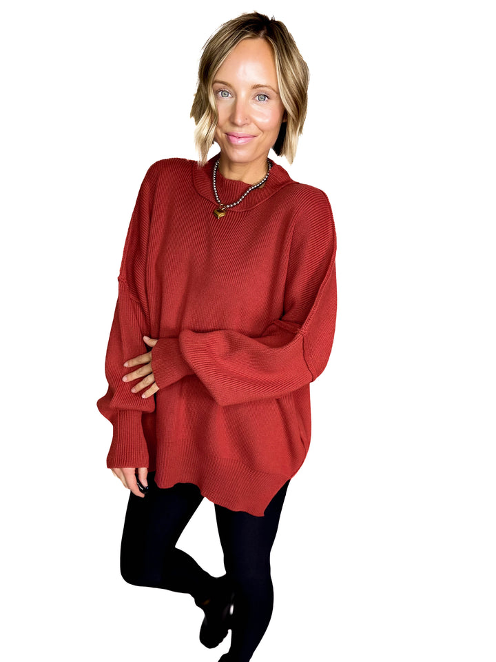 Frosted Pines Oversized Side Slit Sweater- RUST