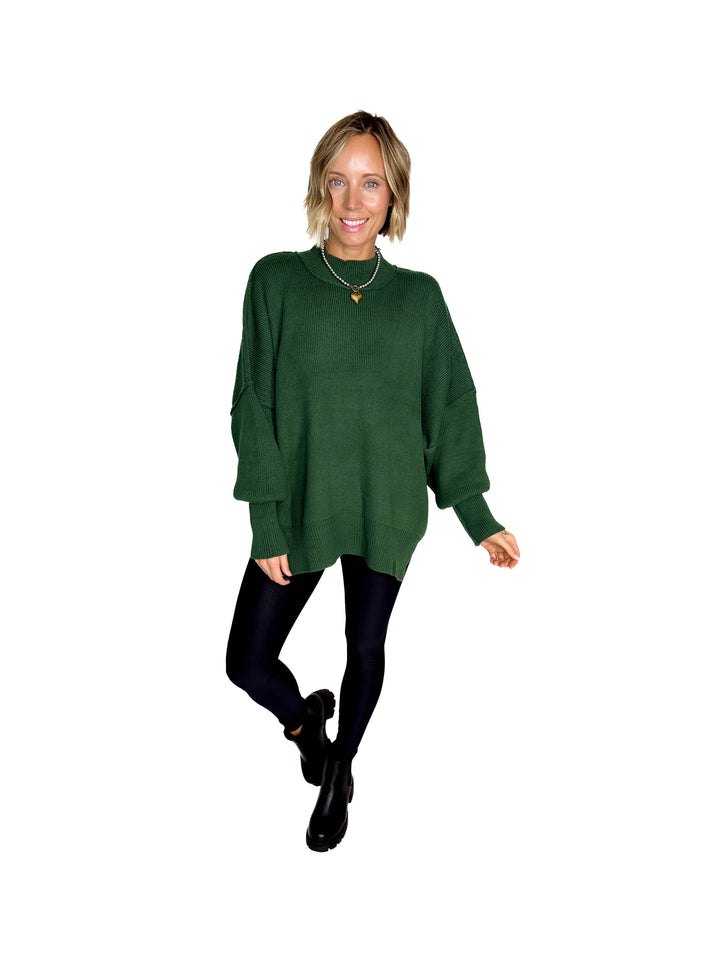 Frosted Pines Oversized Side Slit Sweater- DARK GREEN