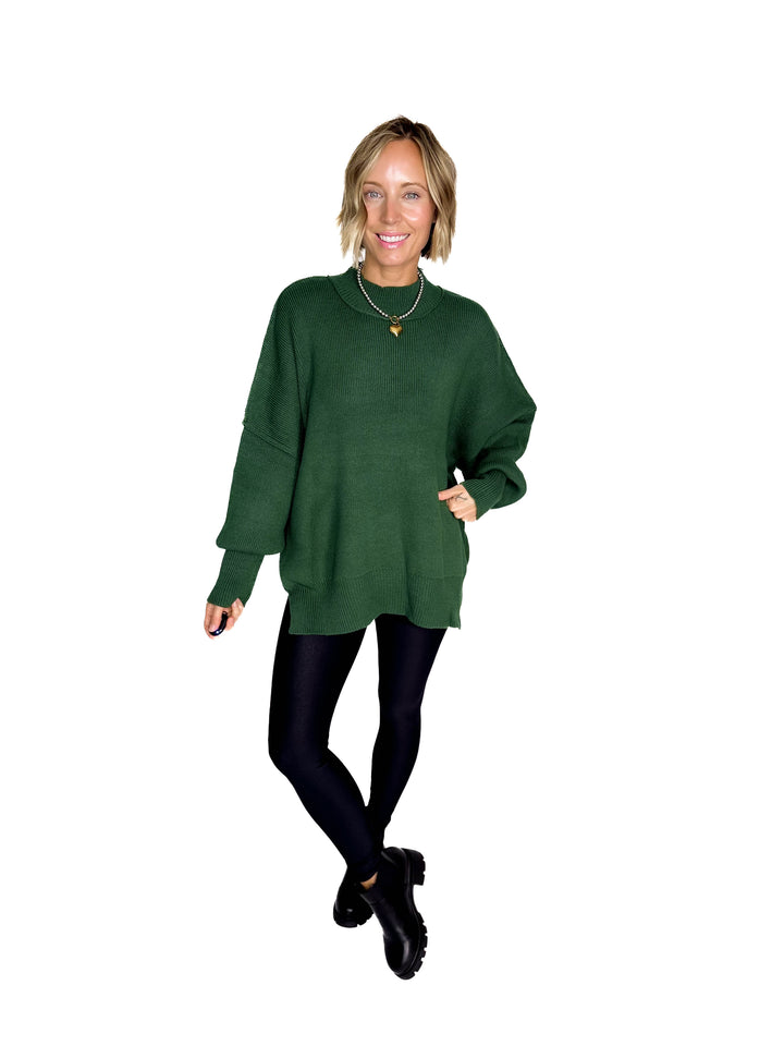 Frosted Pines Oversized Side Slit Sweater- DARK GREEN