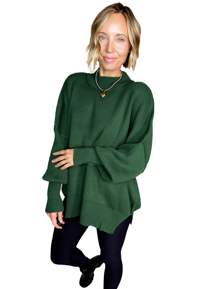 Frosted Pines Oversized Side Slit Sweater- DARK GREEN