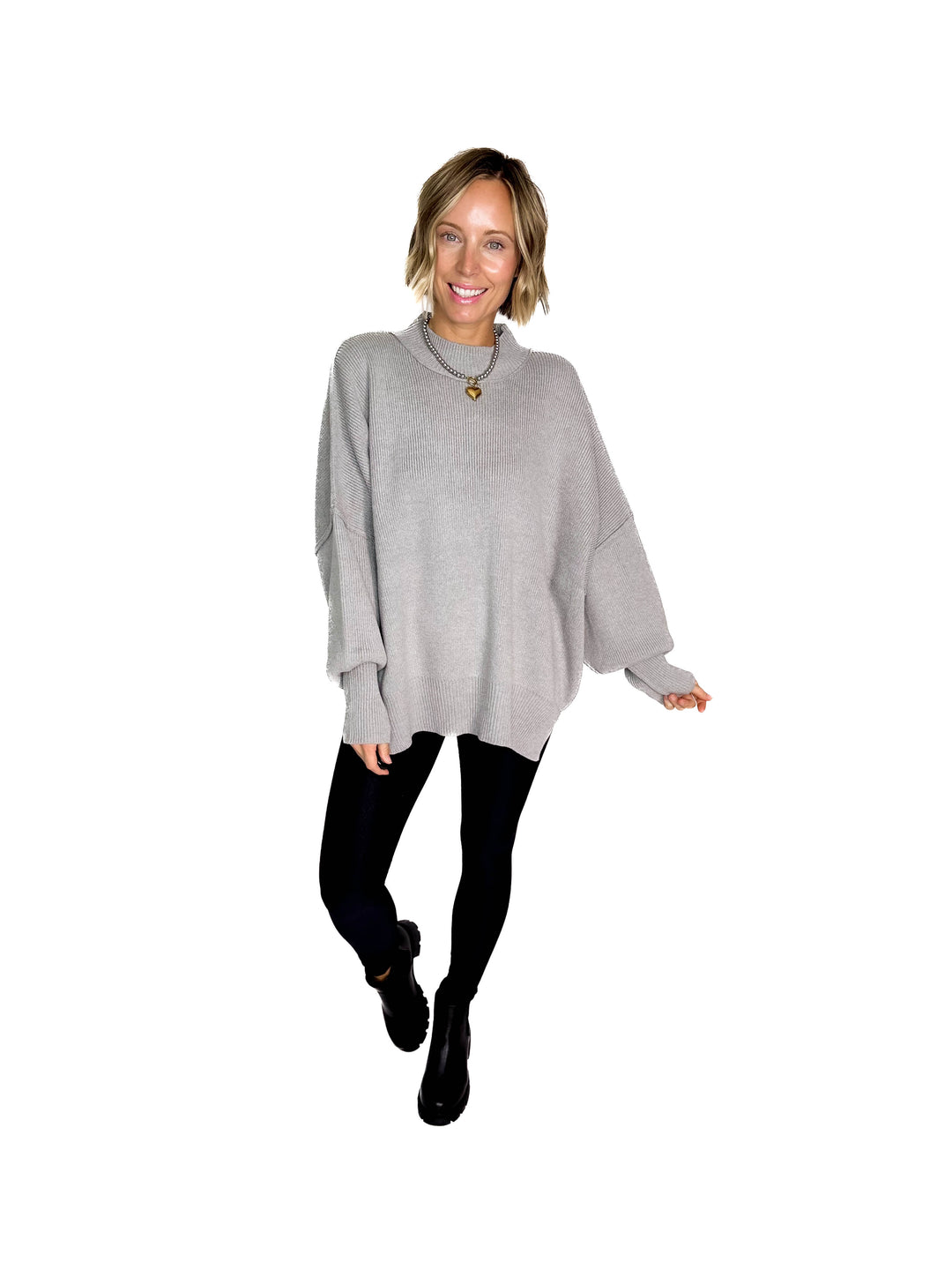 Frosted Pines Oversized Side Slit Sweater- HTHR GREY