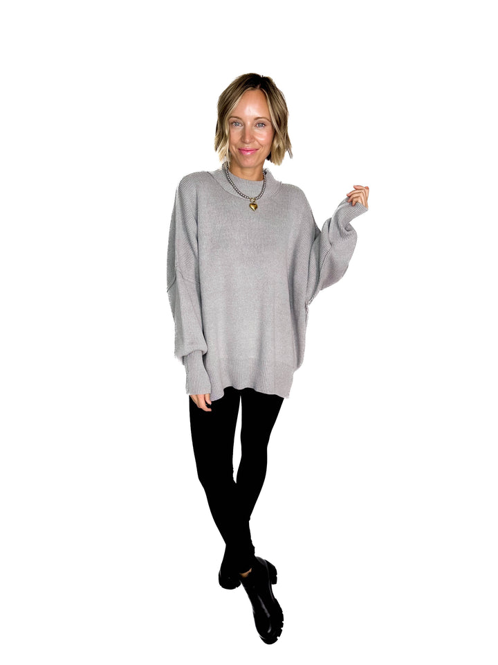 Frosted Pines Oversized Side Slit Sweater- HTHR GREY