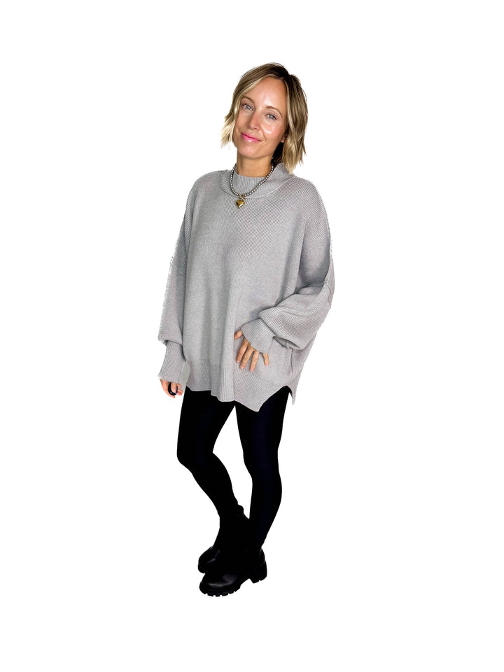 Frosted Pines Oversized Side Slit Sweater- HTHR GREY