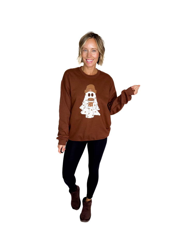 Cute Coffee Ghost Graphic Crew- ESPRESSO