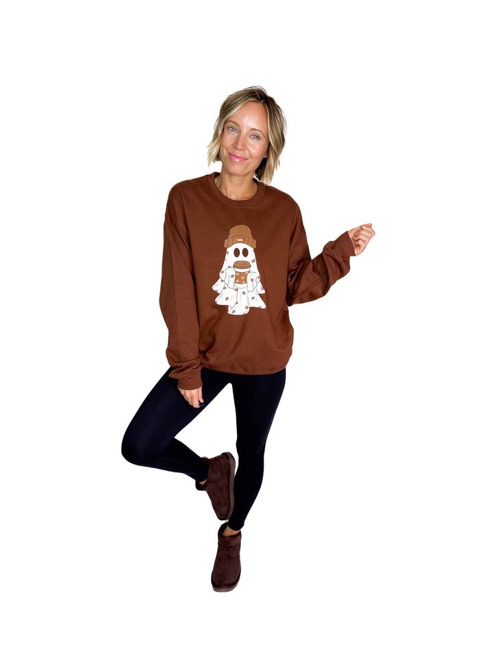 Cute Coffee Ghost Graphic Crew- ESPRESSO